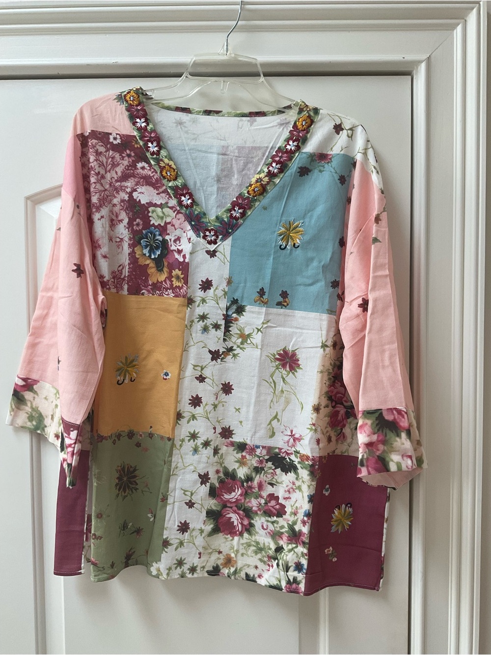 Patchwork Floral V-Neck Blouse - Pink Multi